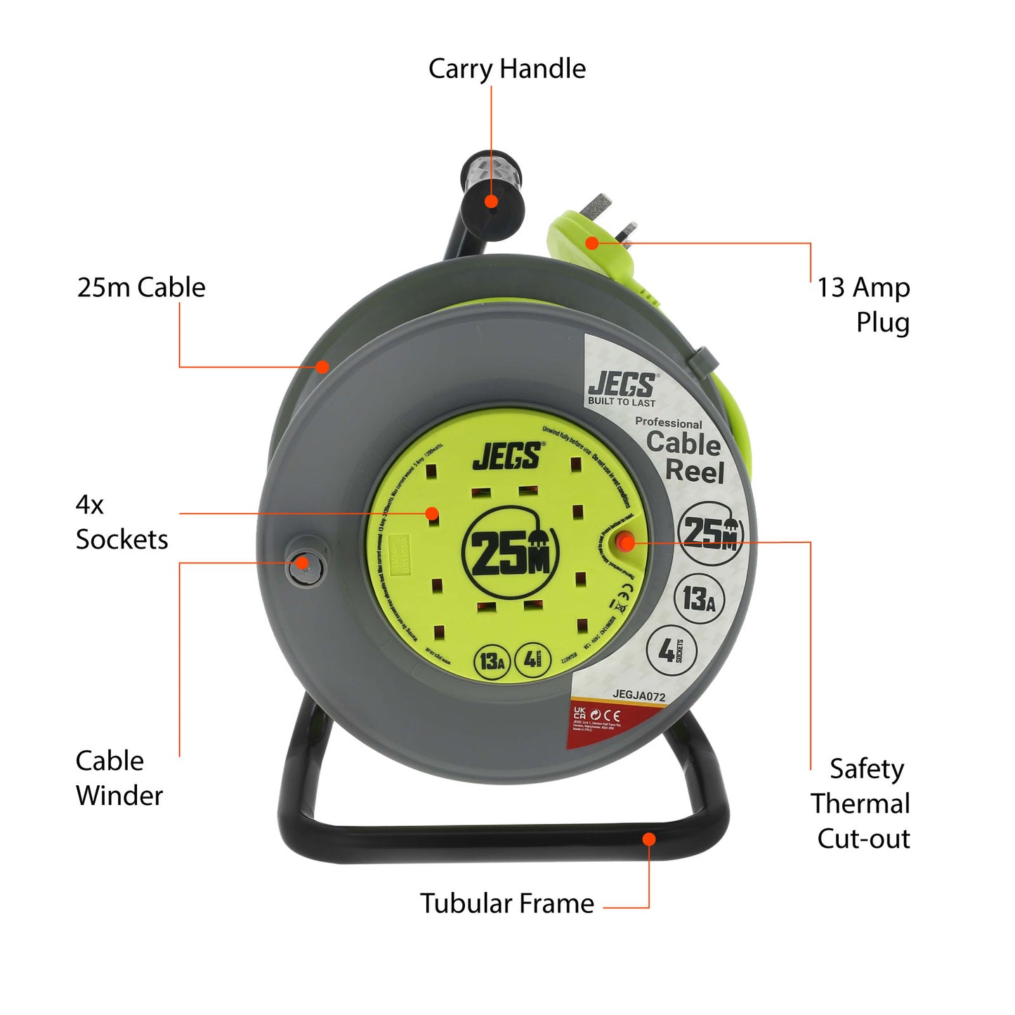 JEGS 4 Gang 13Amp 25 Metre Open Cable Reel