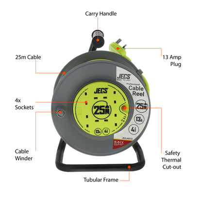 JEGS 4 Gang 13Amp 25 Metre Open Cable Reel