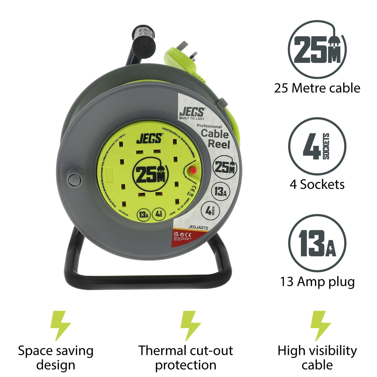 JEGS 4 Gang 13Amp 25 Metre Open Cable Reel