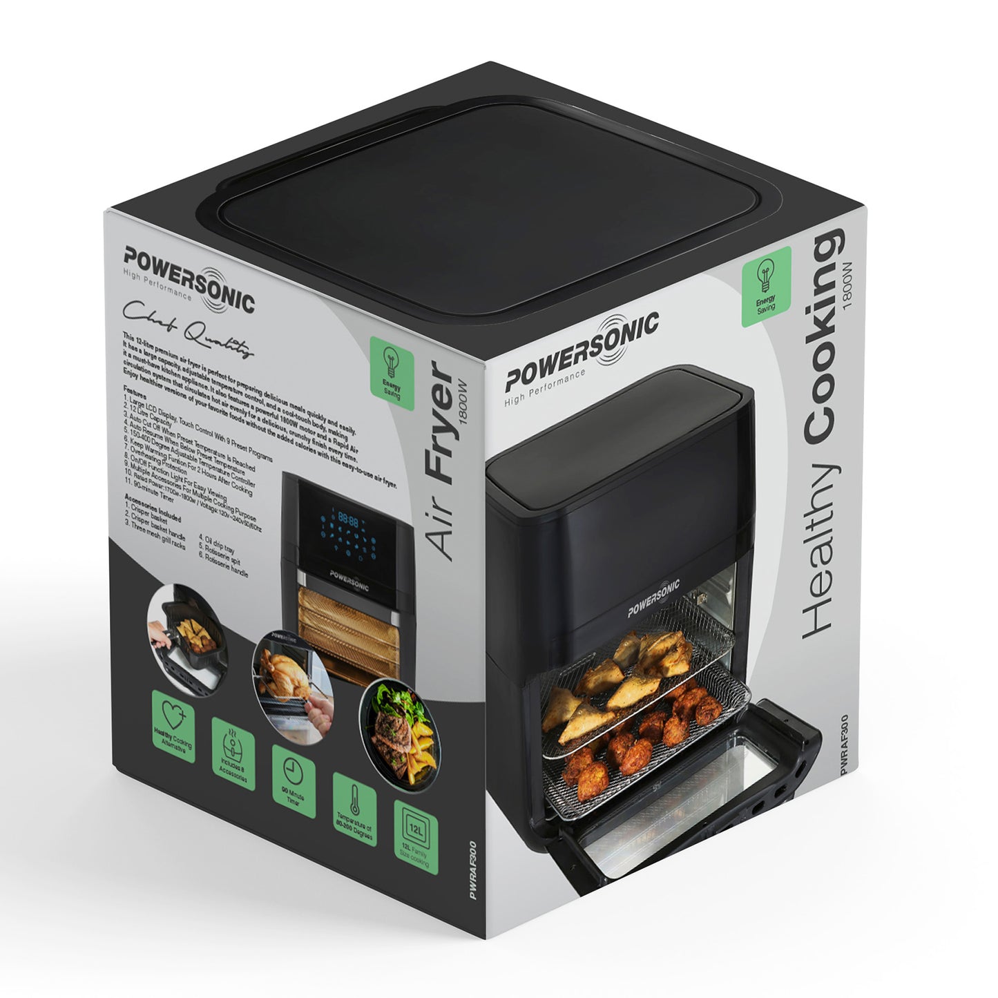 Powersonic Black 12 Litre 1800W Air Fryer