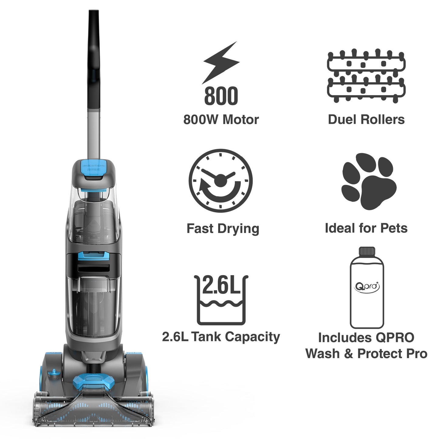 Powersonic Carpet Washer Cleaner 800W Dual Brush Rollers 2.6L Tank Spot Cleaning Hose