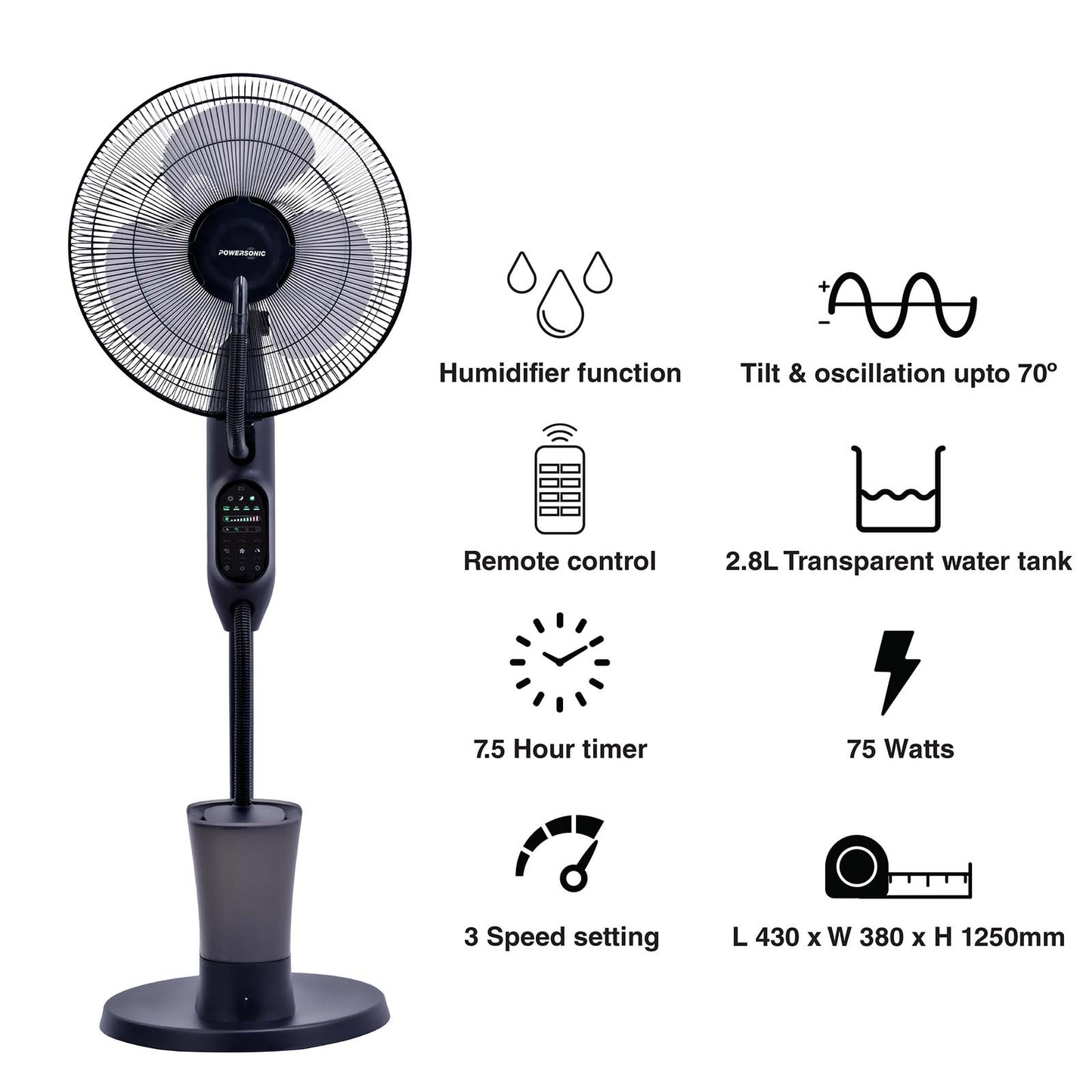 Powersonic Pedestal Oscillating Misting Fan - Black - 3 Speed