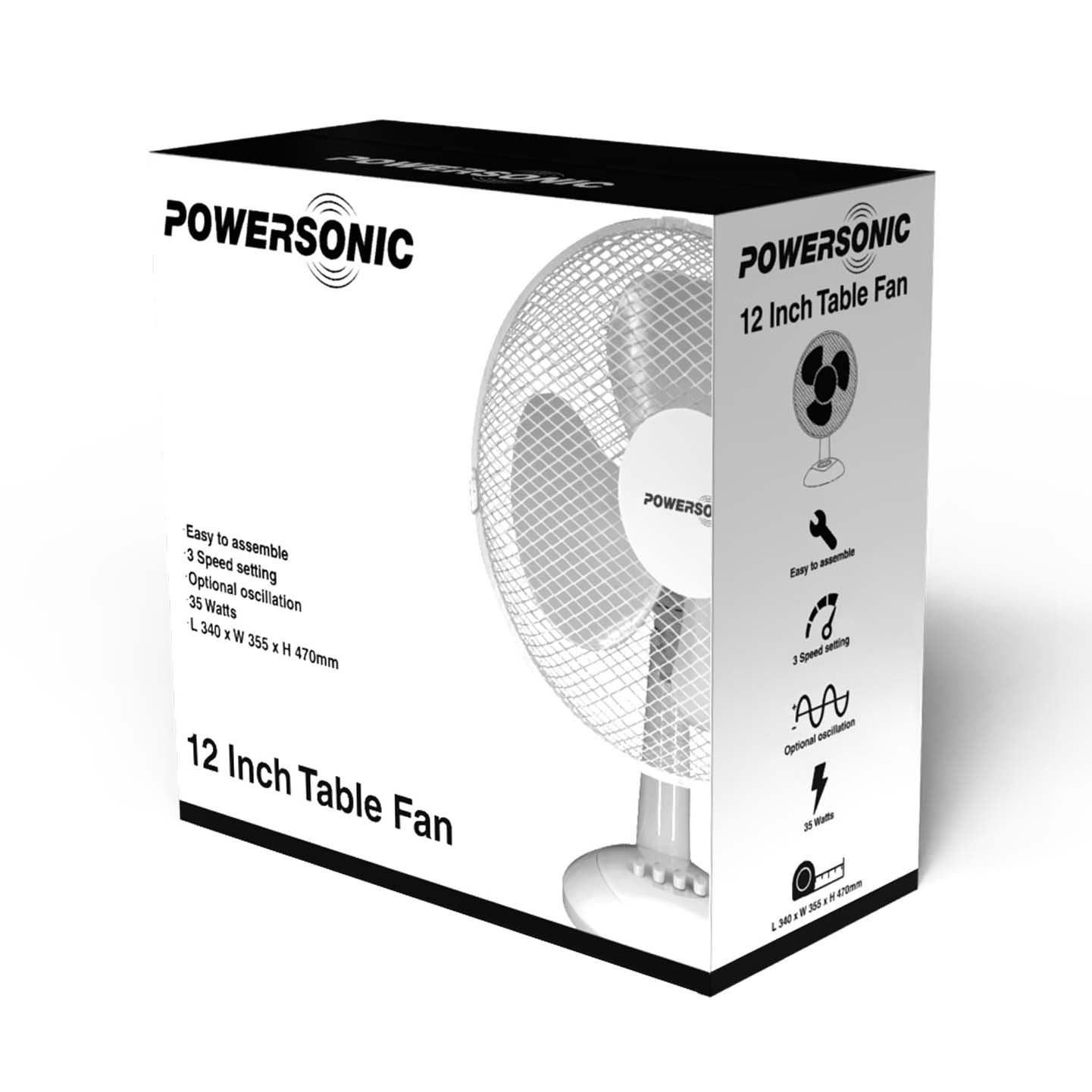 Powersonic 12 Inch 3 Speed Table Fan