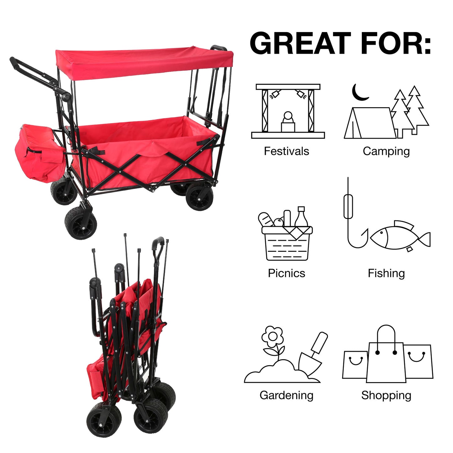 Portable Folding Trolley, Push Pull Cart Wagon with Canopy