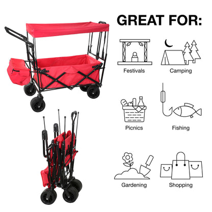 Portable Folding Trolley, Push Pull Cart Wagon with Canopy