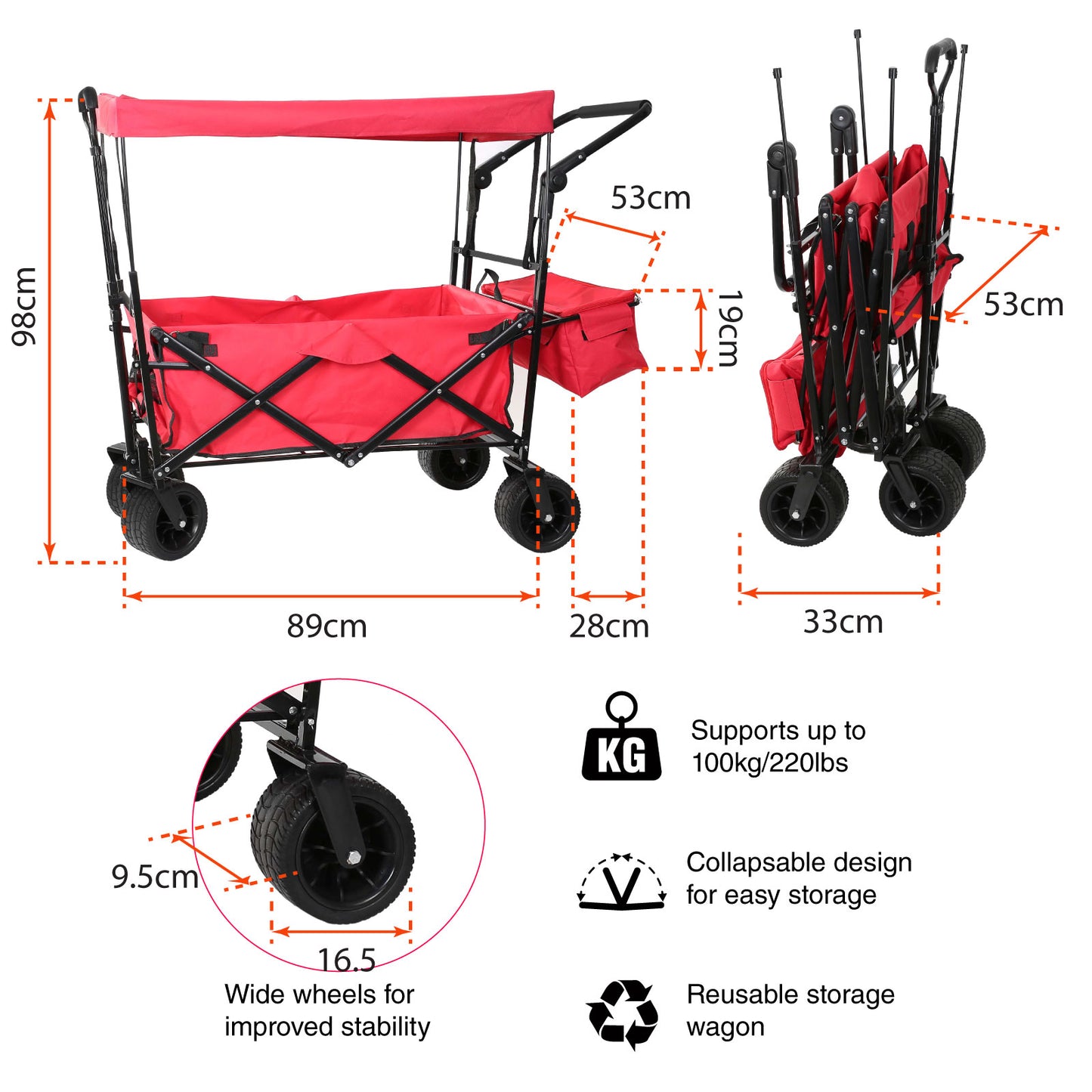 Portable Folding Trolley, Push Pull Cart Wagon with Canopy