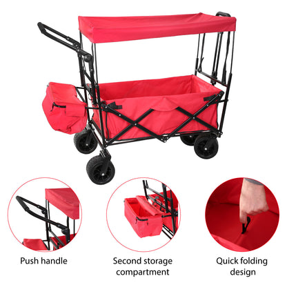 Portable Folding Trolley, Push Pull Cart Wagon with Canopy
